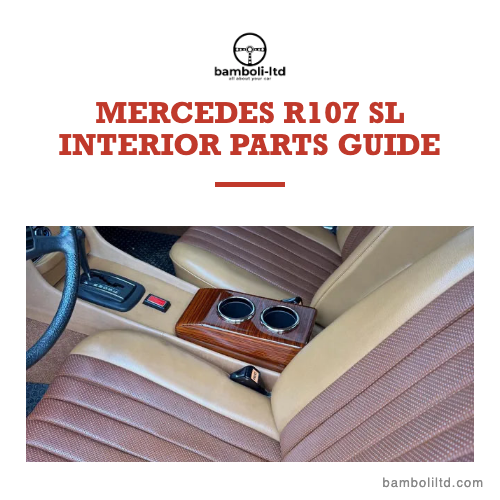 Mercedes R107 SL interior parts guide with a zebrano cup holder fitted in the console