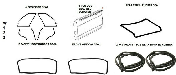 Mercedes Benz W123 Full Rubber Door Trunk Bumper Window Seals 14 Pcs