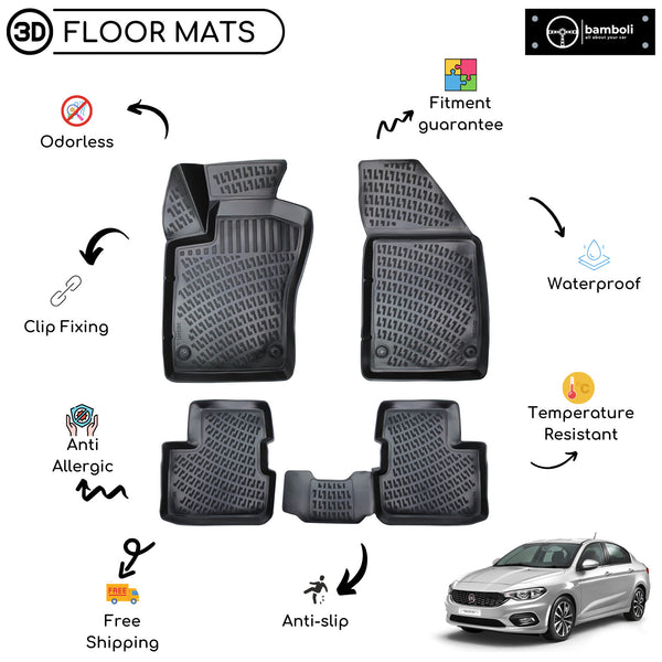 Custom Molded Rubber Floor Mat for Fiat Egea Sedan 2015 - Up Black