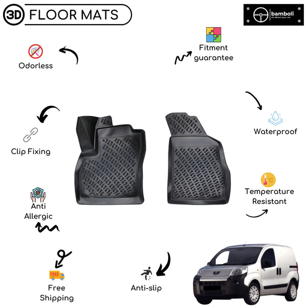 Custom Molded Rubber Floor Mat for Peugeot Bipper VAN 2008 - Up Black