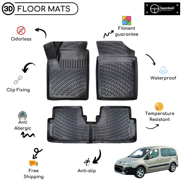Custom Molded Rubber Floor Mat for Peugeot Partner 1 1998-2008 Black