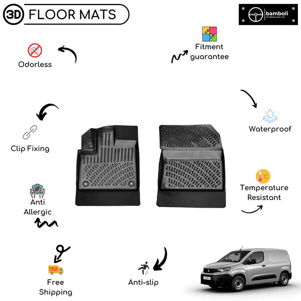 Custom Molded Rubber Floor Mat for Peugeot Rifter VAN 2019 - Up Black