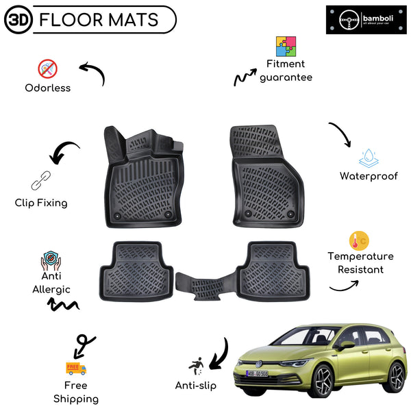 Custom Molded Rubber Floor Mat for Volkswagen Golf 8 MT 2019 - Up Black