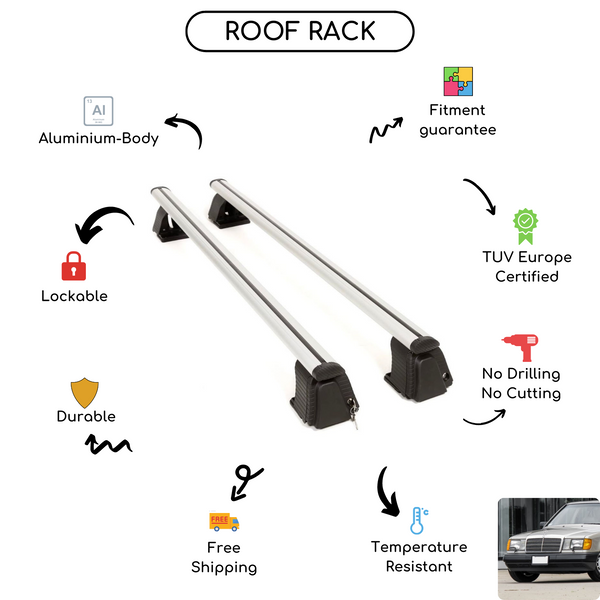 Smooth Roof Rack Cross Bars Set for Mercedes 200-500 (W124) Sedan 1985 - 1995