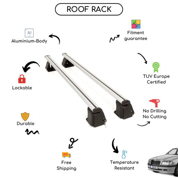 Smooth Roof Rack Cross Bars Set for Mercedes C-Class (W202) Sedan 1993 - 2000