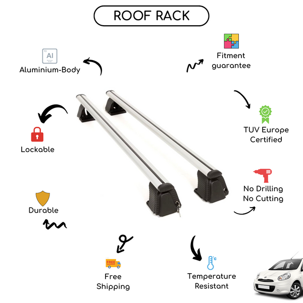 Smooth Roof Rack Cross Bars Set for Nissan Micra III Hatchback 2003 - 2010