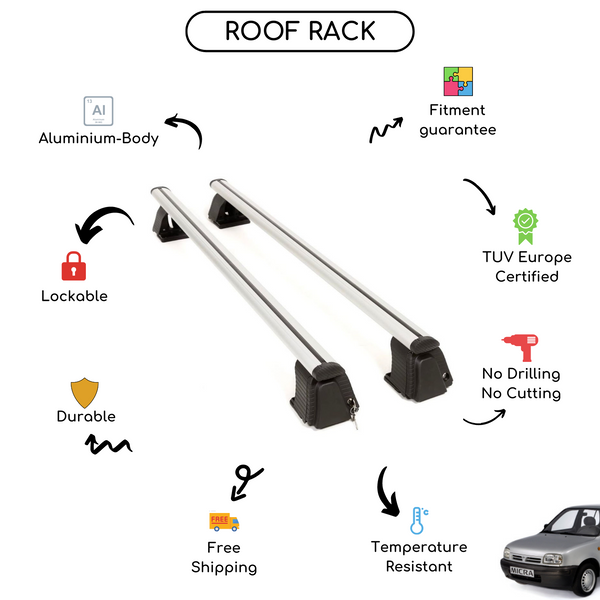 Smooth Roof Rack Cross Bars Set for Nissan Micra II Hatchback 1992 - 2002