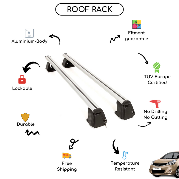 Smooth Roof Rack Cross Bars Set for Nissan Note Hatchback 2005 - 2013