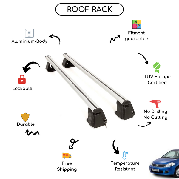 Smooth Roof Rack Cross Bars Set for Nissan Tiida (C11) Hatchback 2004 - 2014