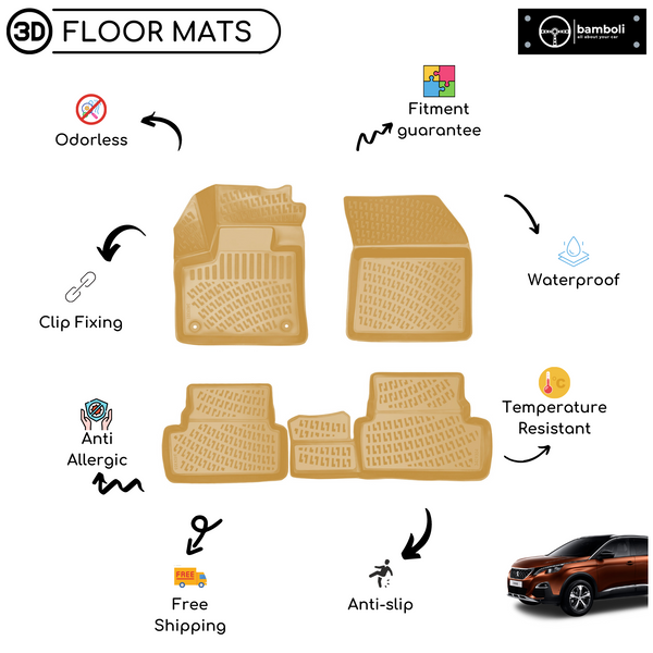 3D Molded Interior Car Floor Mat for Peugeot 3008 Suv 2016-Up