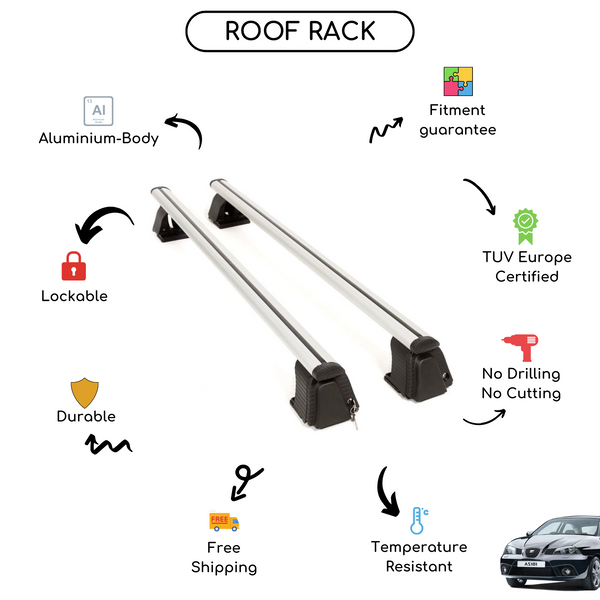 Smooth Roof Rack Cross Bars Set for Seat Ibiza Hatchback 2001 - 2008