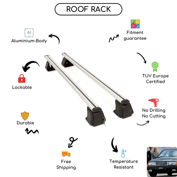 Smooth Roof Rack Cross Bars Set for Volvo 460 Sedan 1986 - 1990