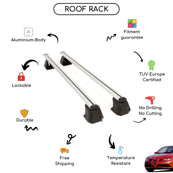 Smooth Roof Rack Cross Bars Set for Alfa Romeo 147 Hatchback 2001 - 2003