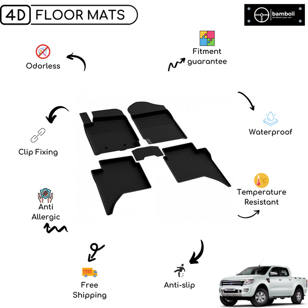 4D Premium Rubber Car Floor Mat for Ford Ranger 2011 - Up