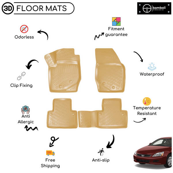 3D Molded Interior Beige Car Floor Mat for Honda Accord 2003 - 2008