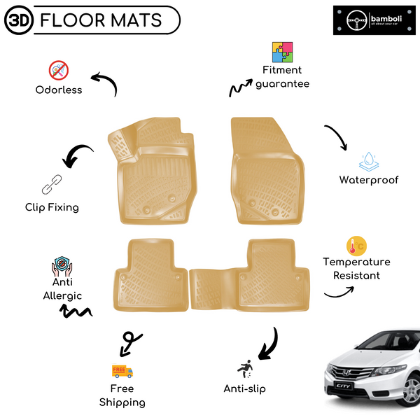 3D Molded Interior Beige Car Floor Mat for Honda City 2009 - Up