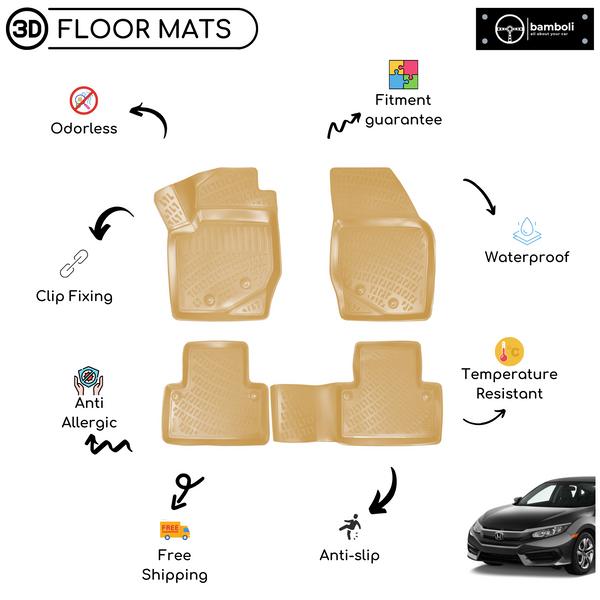 3D Molded Interior Beige Car Floor Mat for Honda Civic RS HB 2016 - Up