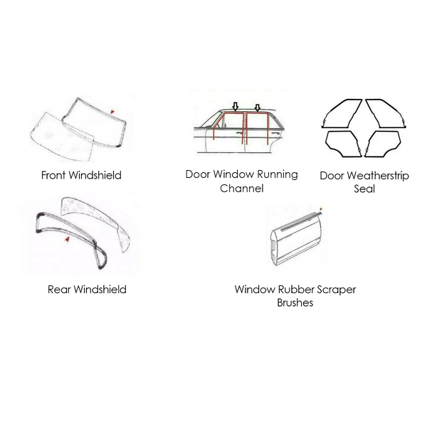 Mercedes W123 Rubber Seal Set. Front & Rear Windshield, Scraper, Weatherstrip, Running Channel