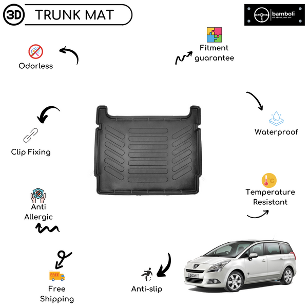 Vehicle Specific Rubber Trunk Mat for Peugeot 5008 Crossover 2010 - 2016
