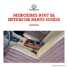 Mercedes R107 SL interior parts guide with a zebrano cup holder fitted in the console
