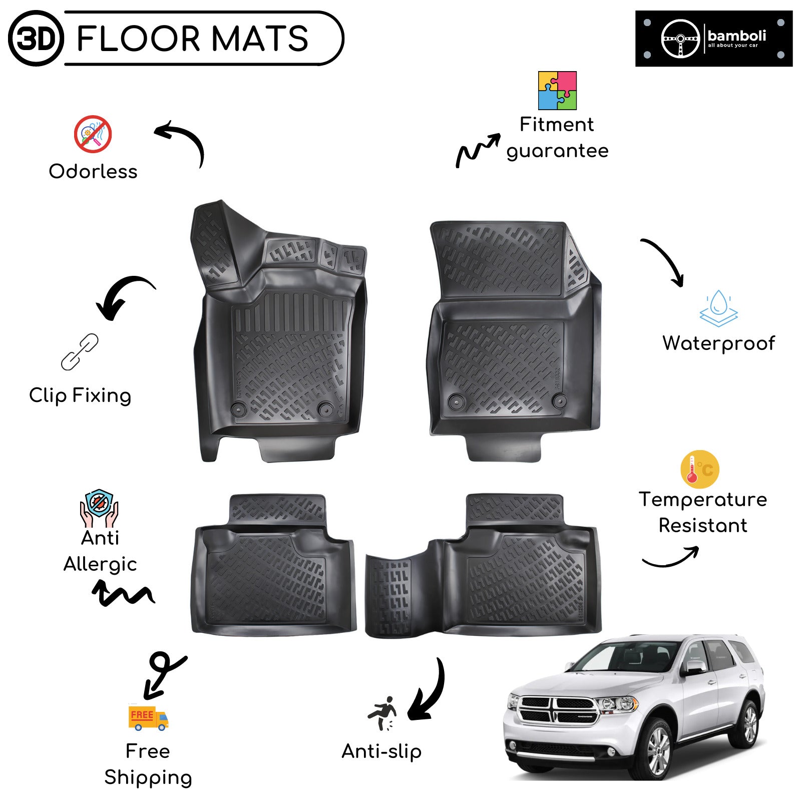 Custom Molded Rubber Floor Mat for Dodge Durango 2011 Up Black Bamboli LTD