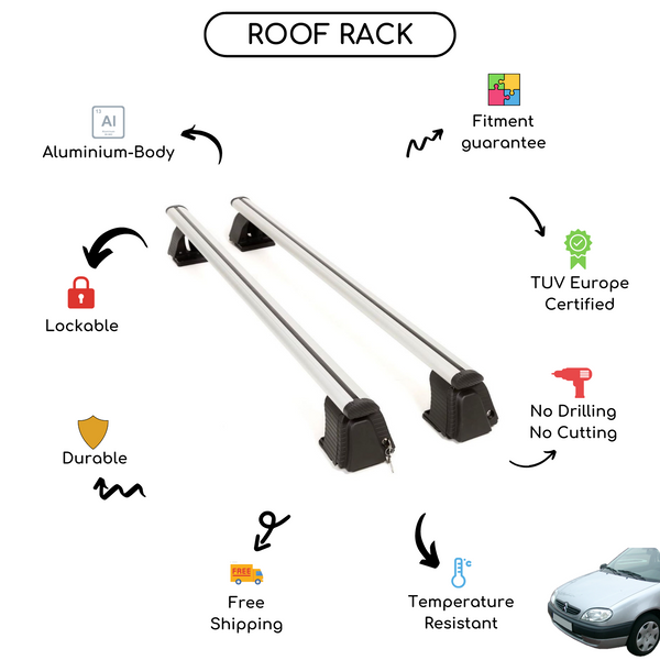 Smooth Roof Rack Cross Bars Set for Citroen Saxo Hatchback 1996 - 2003