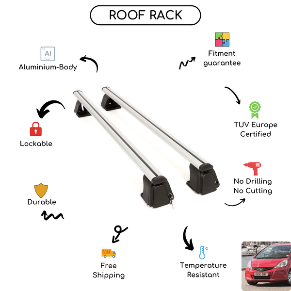 Smooth Roof Rack Cross Bars Set for Honda Jazz II Hatchback 2008 - 2015