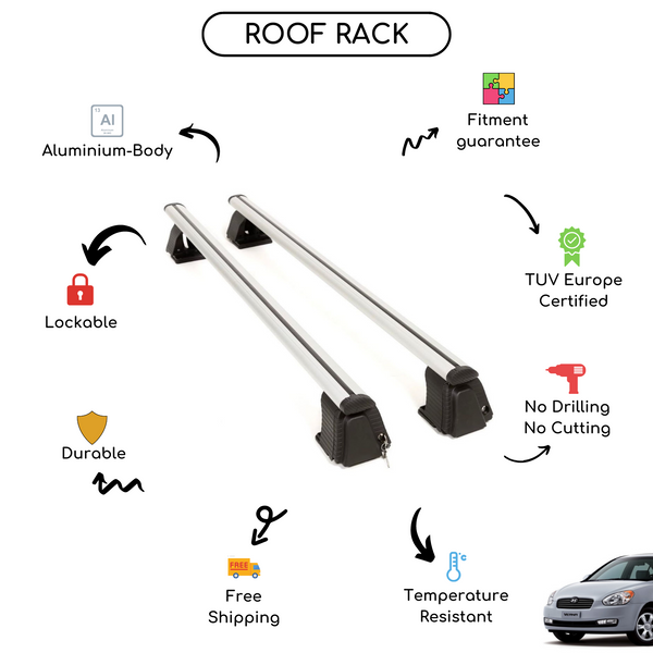 Smooth Roof Rack Cross Bars Set for Hyundai Verna Sedan 2006 - 2010