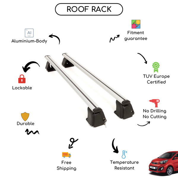 Smooth Roof Rack Cross Bars Set for Kia Picanto II Hatchback 2011 - 2017