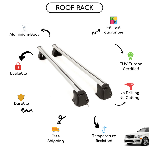 Smooth Roof Rack Cross Bars Set for Mercedes C-Class (W204) Sedan 2007 - 2015