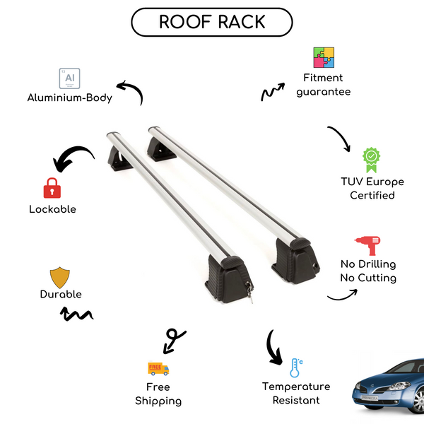 Smooth Roof Rack Cross Bars Set for Nissan Primera (P12) Hatchback 2002 - 2007