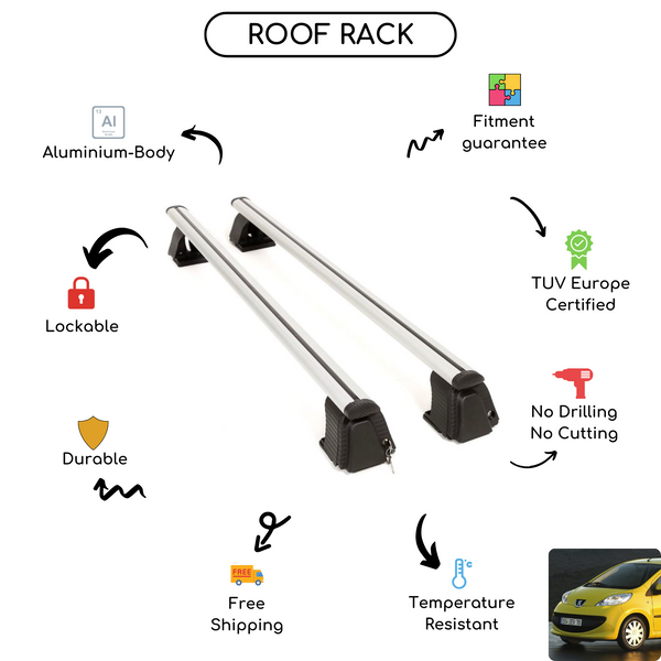 Smooth Roof Rack Cross Bars Set for Peugeot 107 Hatchback 2005 - 2015