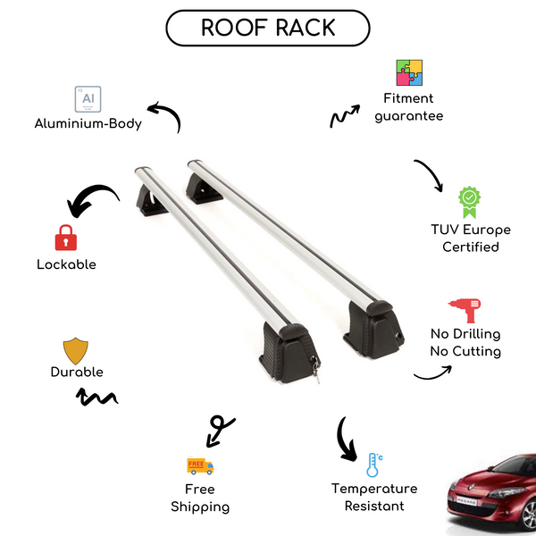 Smooth Roof Rack Cross Bars Set for Renault Megane III Hatchback 2008 - 2013