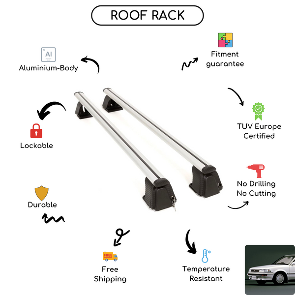 Smooth Roof Rack Cross Bars Set for Toyota Corolla (E90) Hatchback 1987 - 1991